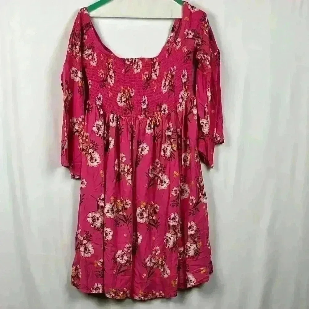 Torrid Women’s Floral Dress Pink 1 Baby Doll Smocked Mini Gathered Bell Sleeves